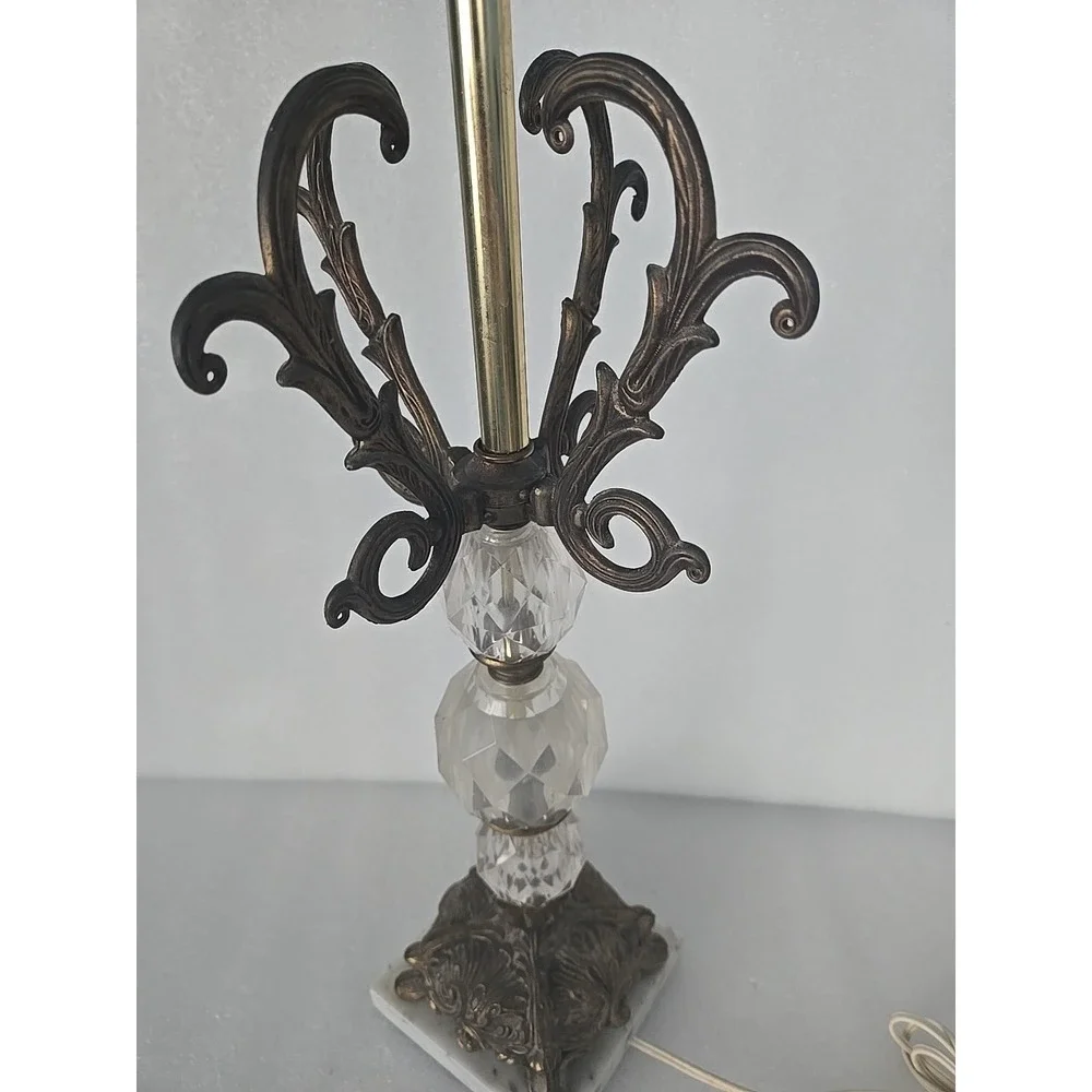 Vtg Hollywood‎ Regency Lamp Bronze Scrolls Marble Base Crystal Glass Belly 1970s